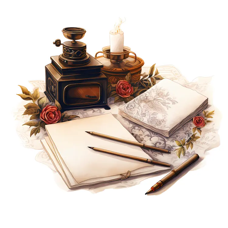 Vintage Notebook with Pens and Candle