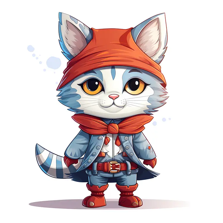 Cute Cartoon Cat in Red Hat and Blue Jacket