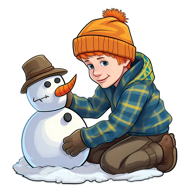 Boy Building a Snowman in Winter