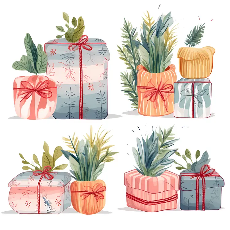 Gift Boxes with Greenery and Red Ribbons