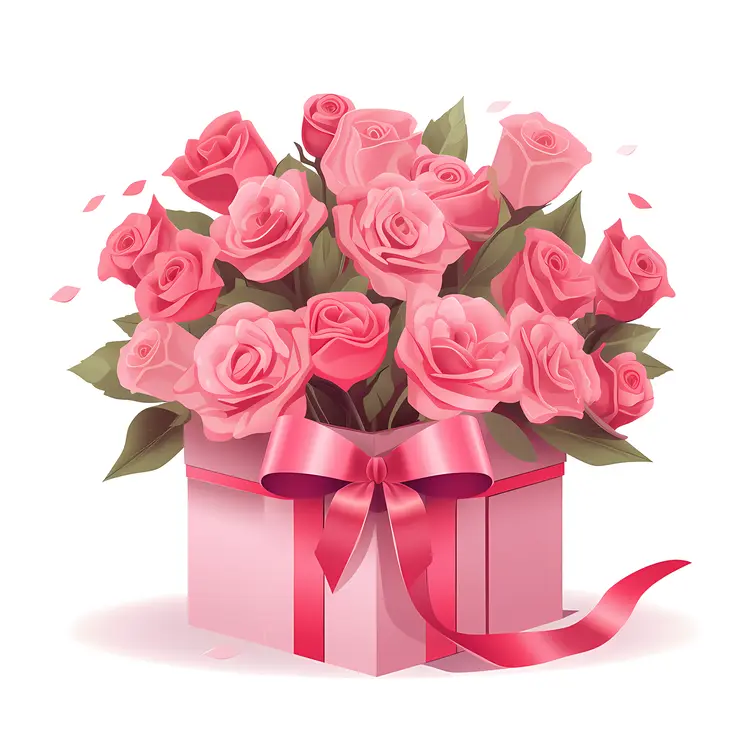 Pink Roses in a Gift Box with Ribbon