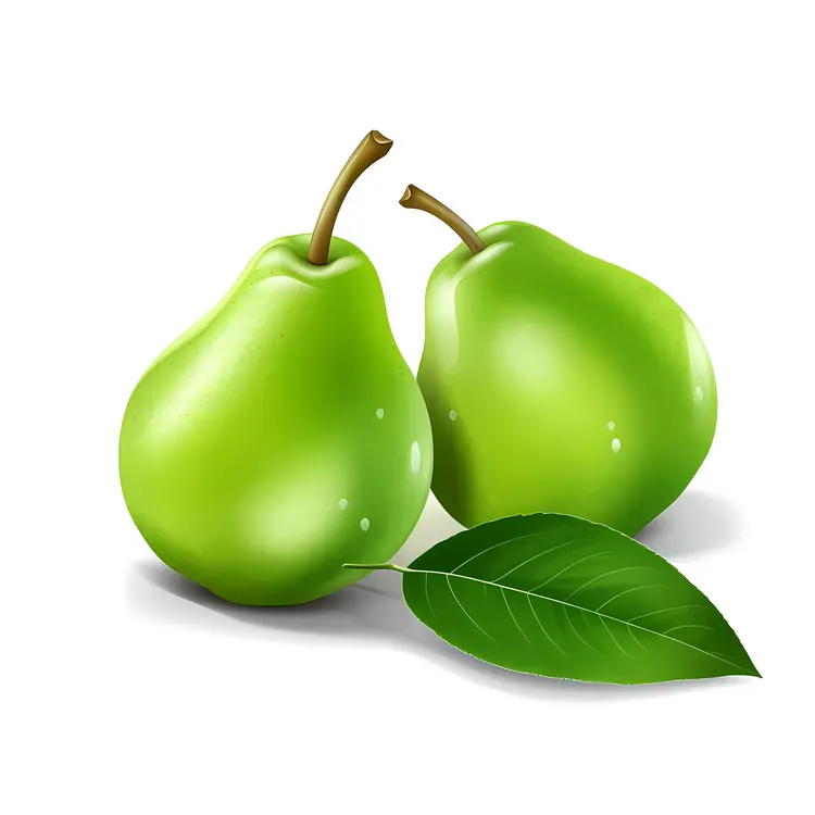 Two Green Pears with Leaf