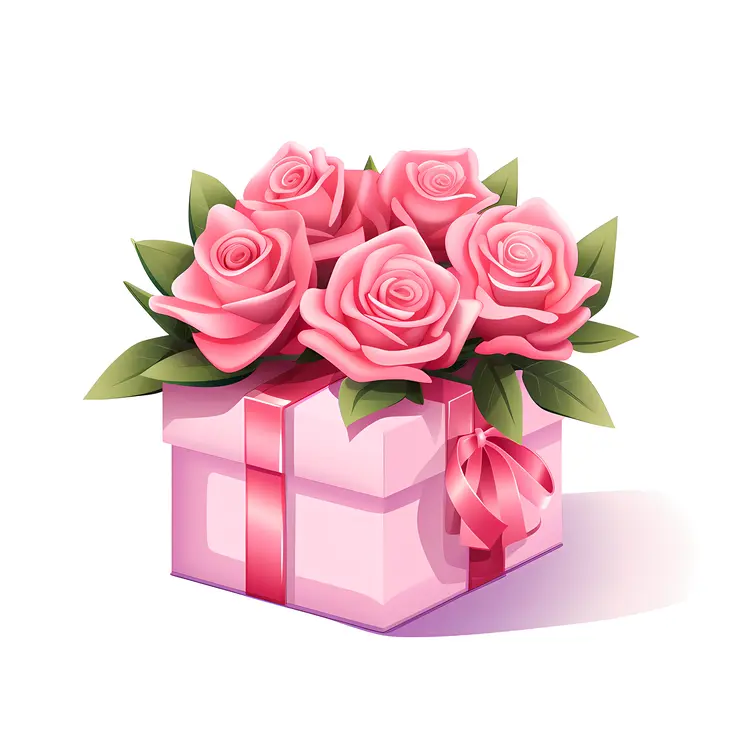 Pink Roses in a Gift Box with Ribbon