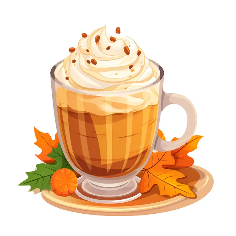 Pumpkin Spice Latte with Whipped Cream and Autumn Leaves