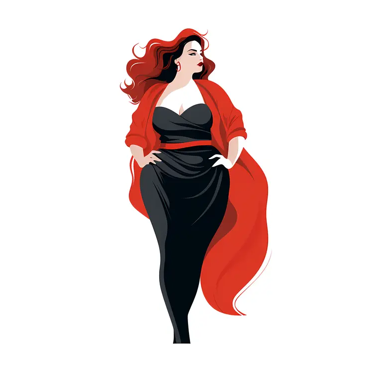 Elegant Woman in Black Dress with Red Coat