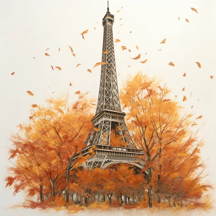 Eiffel Tower in Autumn with Falling Leaves