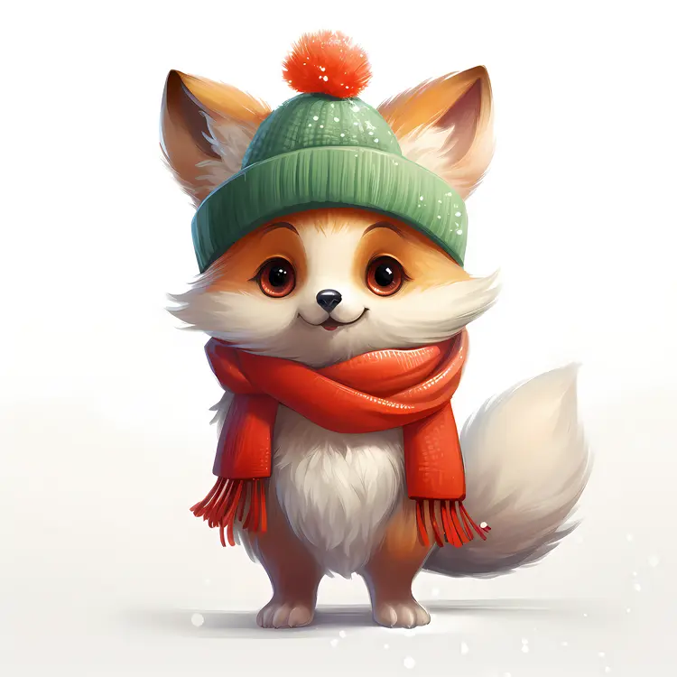 Cute Fox with Green Hat and Red Scarf