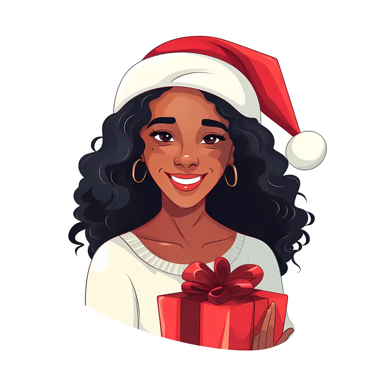 Girl with Curly Hair and Santa Hat Holding a Red Gift