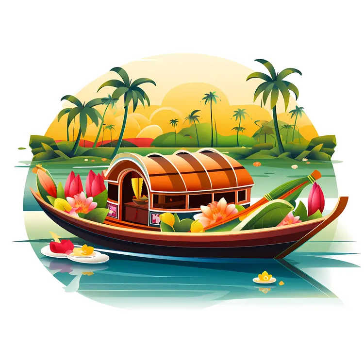 Decorated Boat with Flowers and Palm Trees