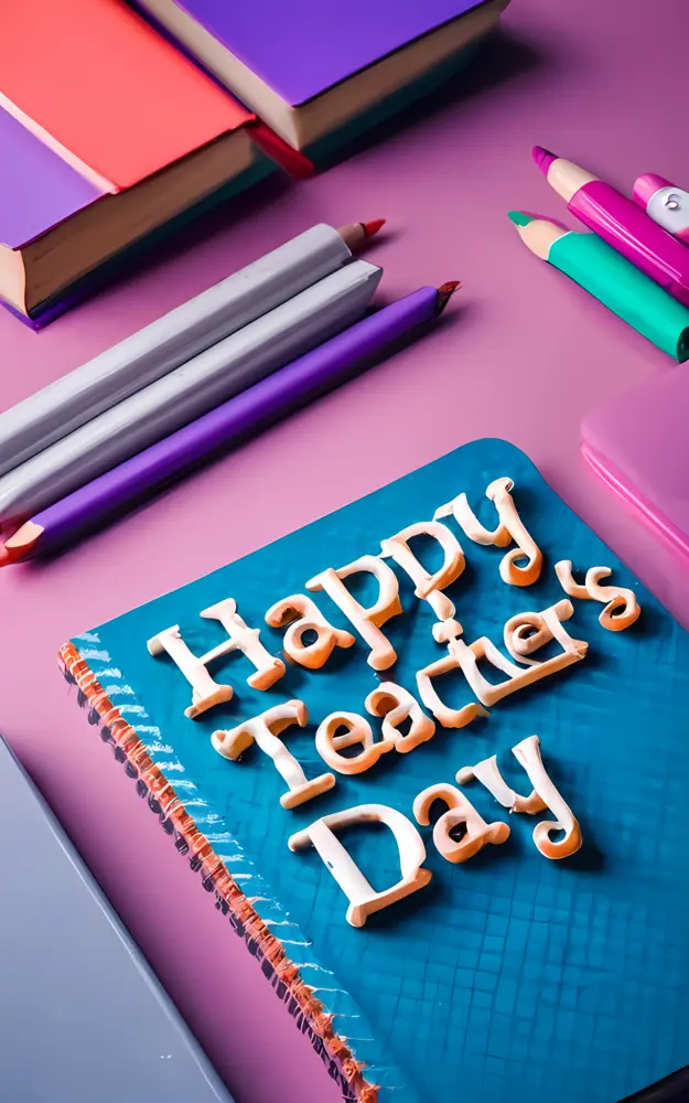 Happy Teacher's Day Greeting with Notebook and Pencils