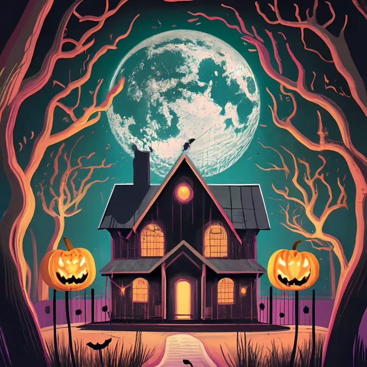 Spooky Haunted House with Pumpkins
