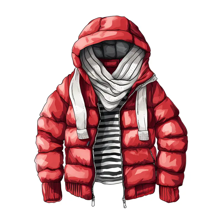 Red Puffer Jacket with Hood and Scarf