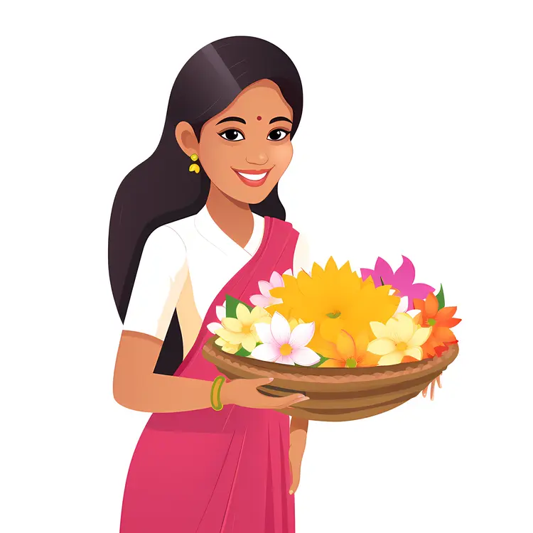 Woman Holding a Basket of Flowers