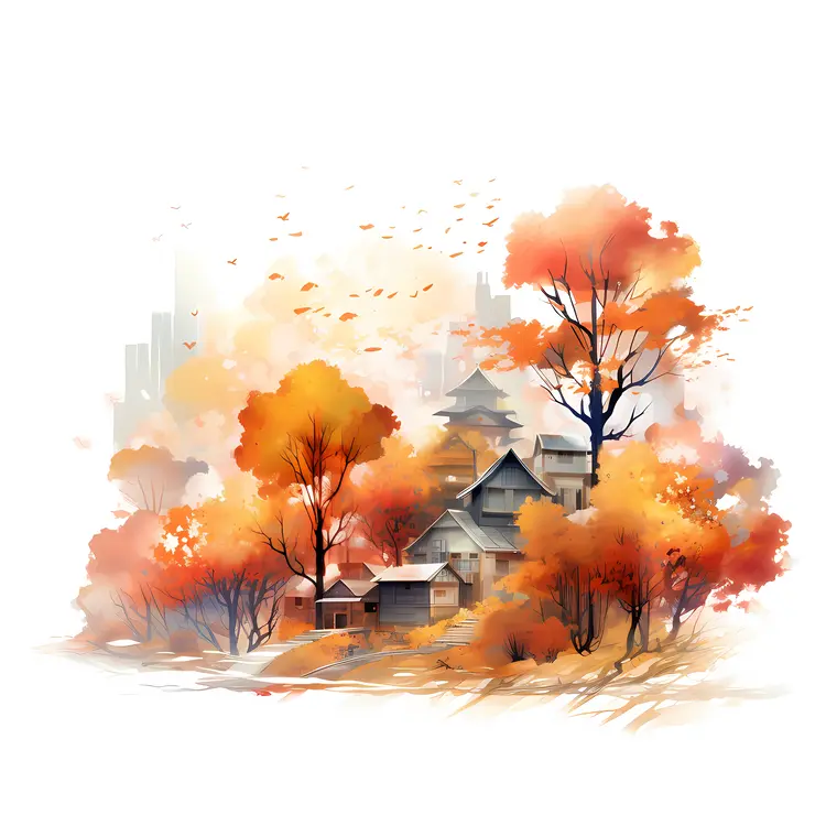 Autumn Village with Colorful Trees