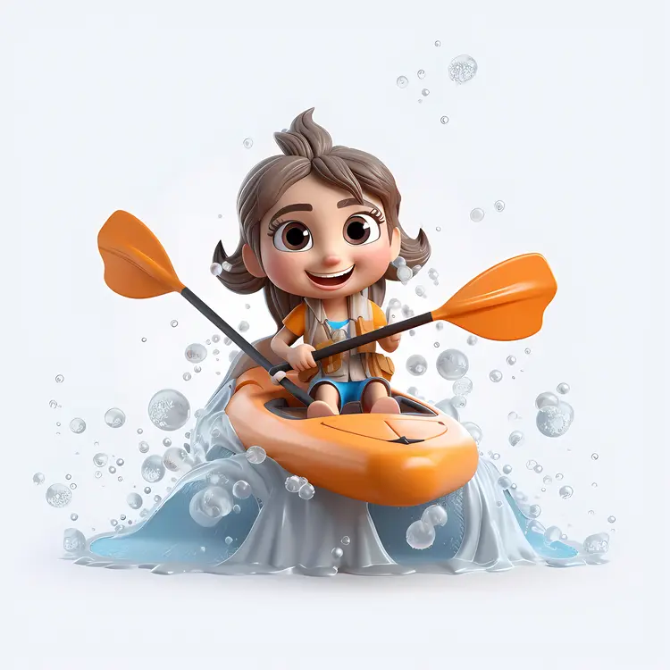 Cute Girl Kayaking in Cartoon Style