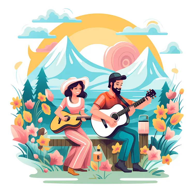 Couple Playing Guitar in Mountain Landscape