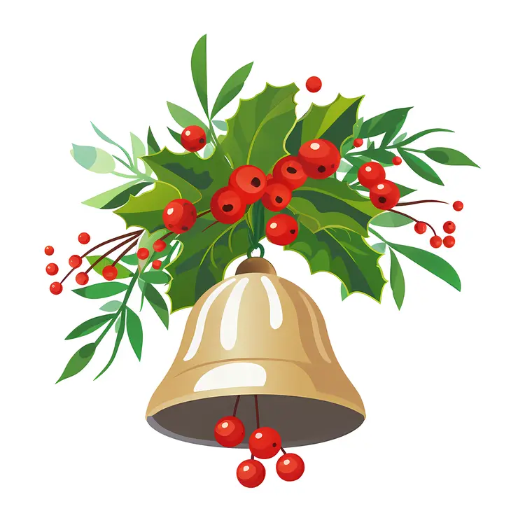Christmas Bell with Holly Leaves and Red Berries