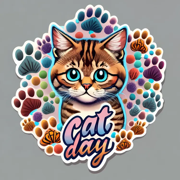 Cat Day Celebration with Cute Cat and Colorful Paws