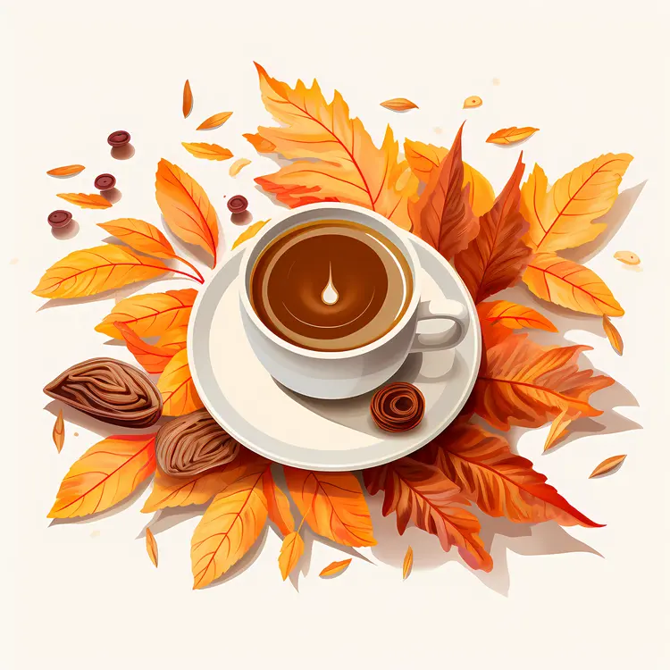 Coffee Cup with Autumn Leaves and Nuts