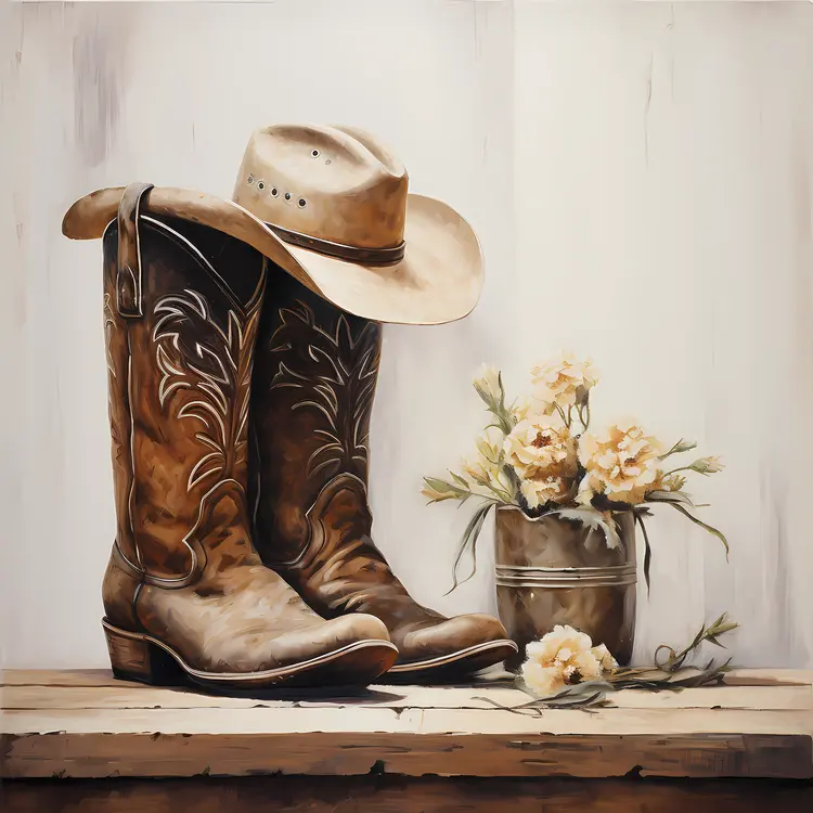 Rustic Cowboy Boots with Hat and Flowers