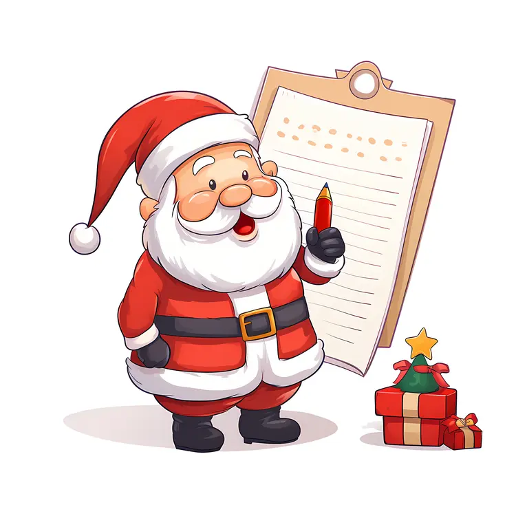 Cute Santa Claus with a List and Gifts