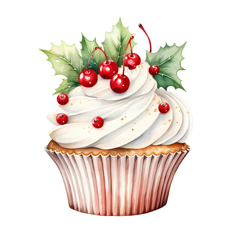Christmas Cupcake with White Frosting and Multiple Berries