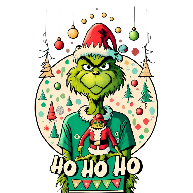 Grinch in Santa Hat with Festive Background