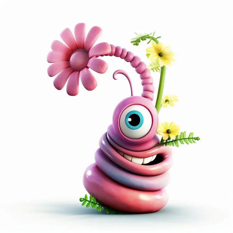 Cute Pink Cartoon Alien with Flowers