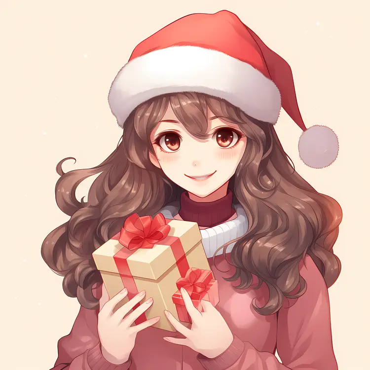 Girl Holding Gift Box with Santa Hat