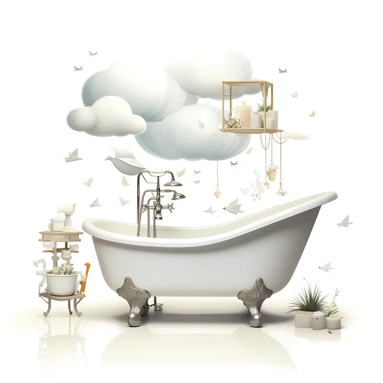 White Bathtub with Cloud Decor