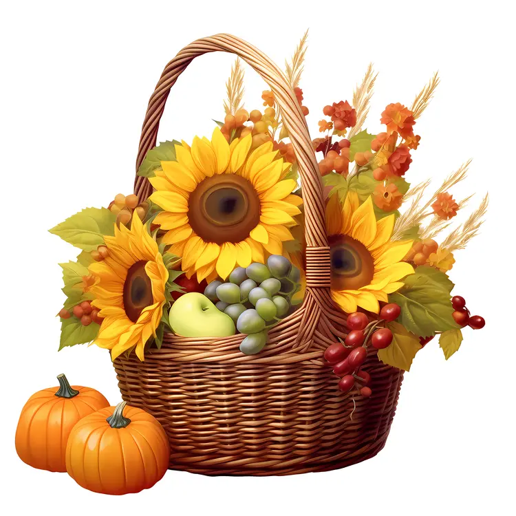 Basket of Sunflowers and Fruits with Pumpkins
