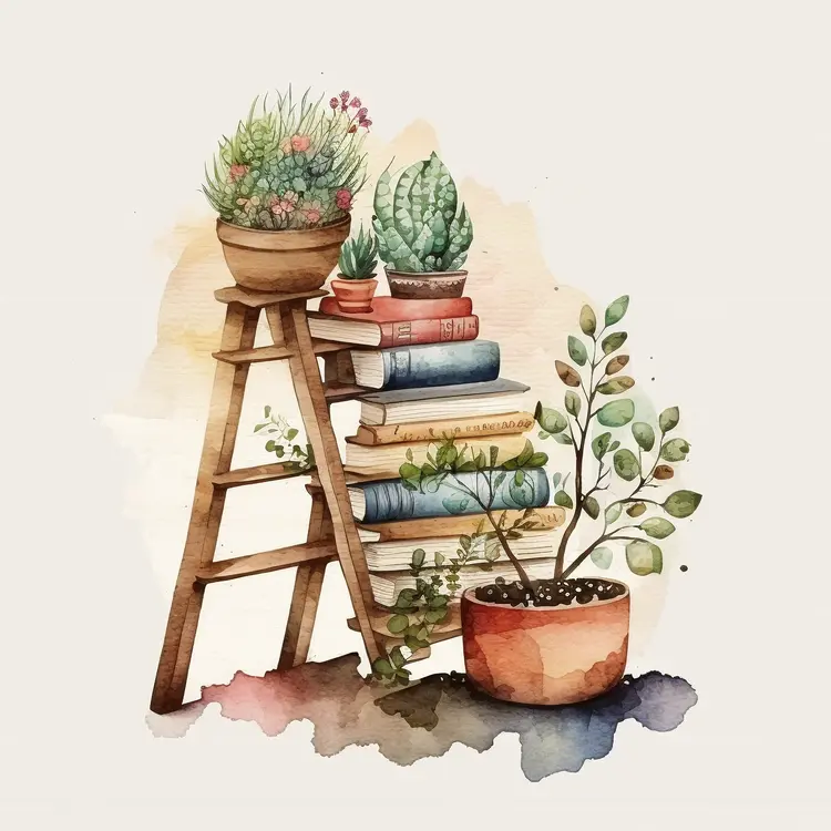 Wooden Ladder with Books and Plants in Watercolor Style