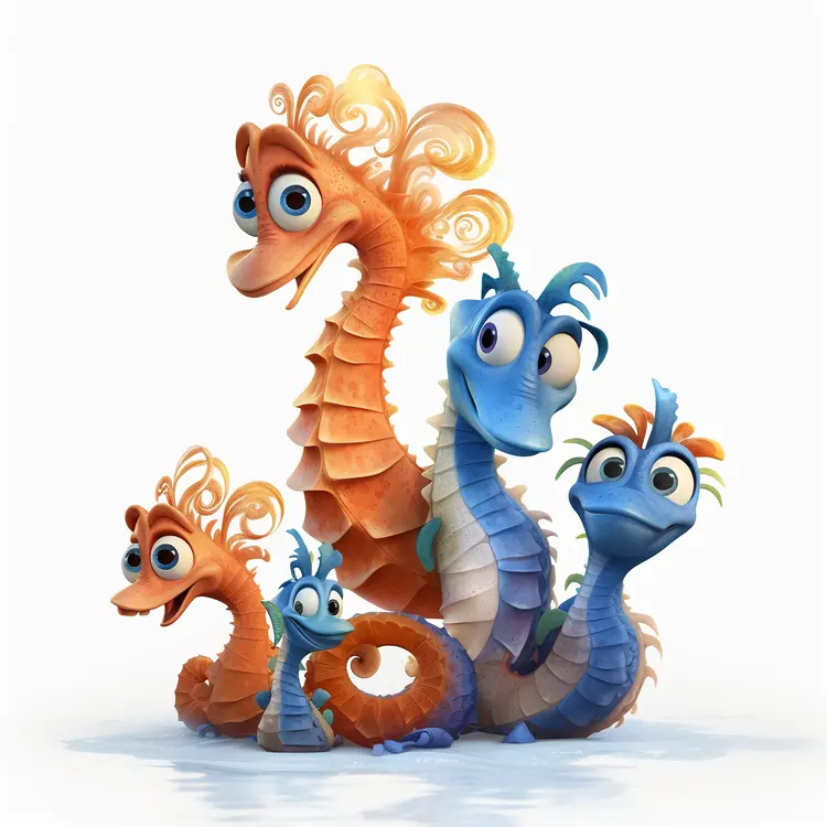 Cute Cartoon Seahorses Family
