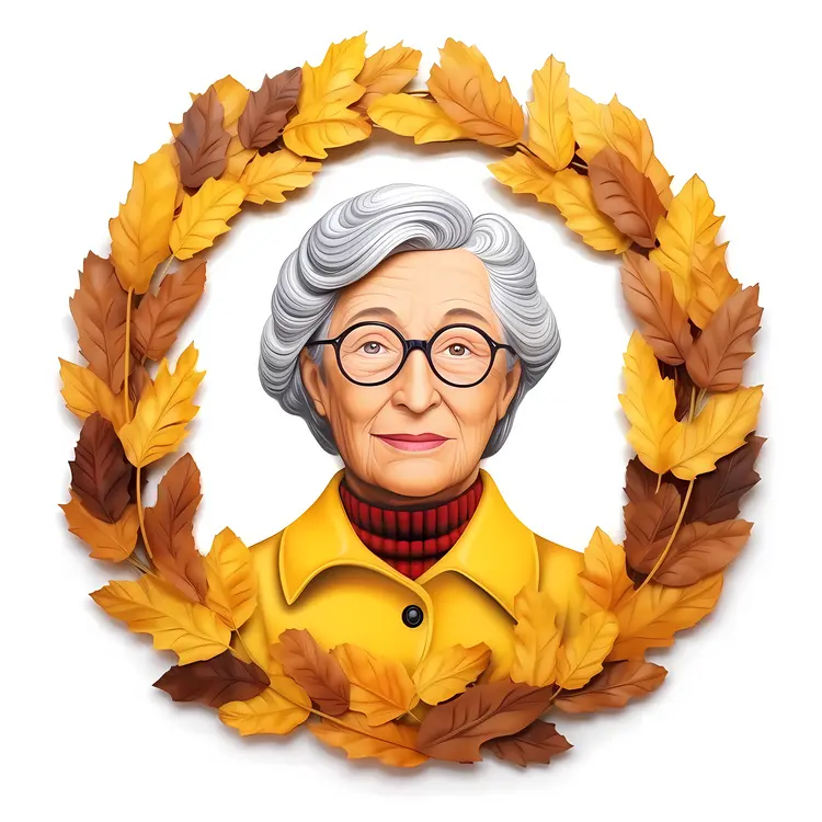 Elderly Woman Portrait with Autumn Leaves Wreath for Grandparents Day
