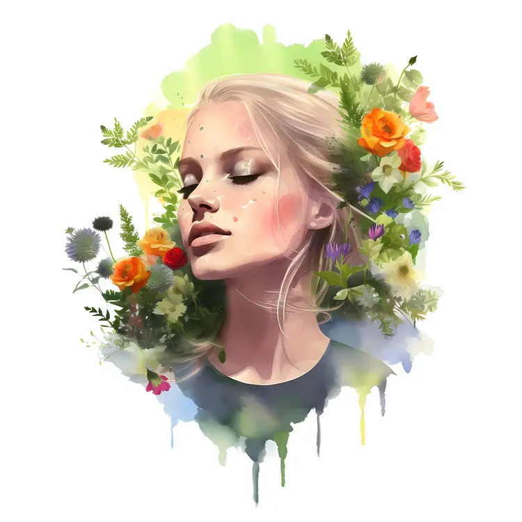 Beautiful Woman with Floral Watercolor Background