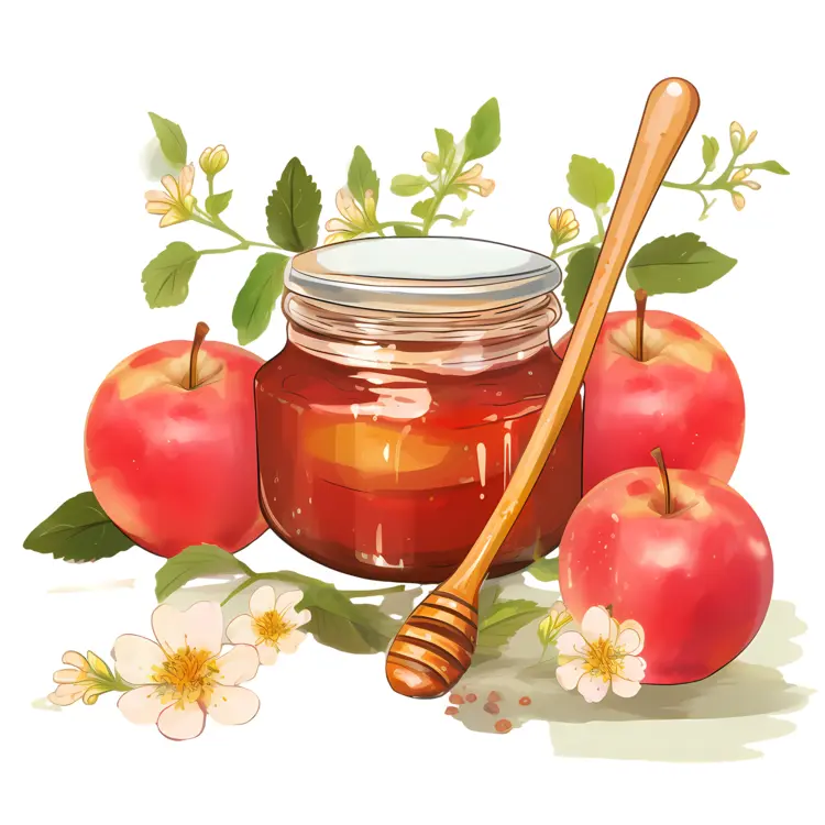 Honey Jar with Apples and Flowers