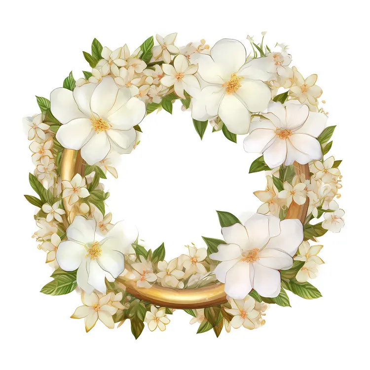 White Flower Wreath with Green Leaves and Golden Accents