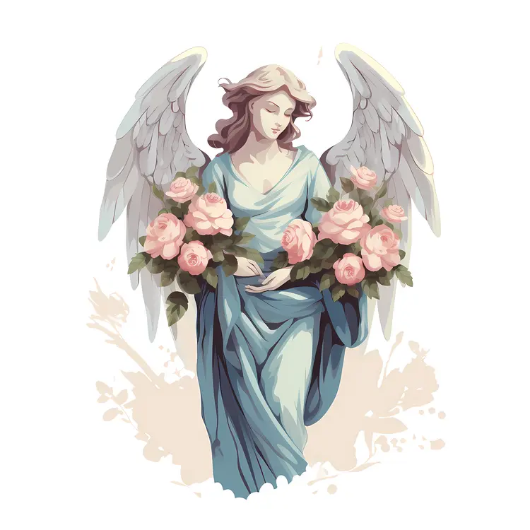 Serene Angel Statue with Pink Flowers