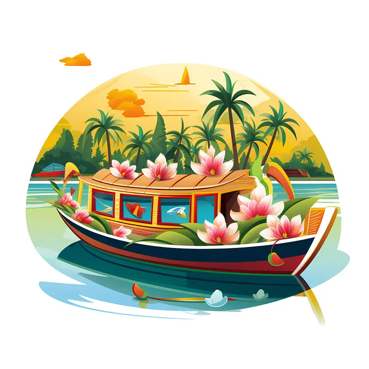 Colorful Boat with Flowers in Scenic Sunset