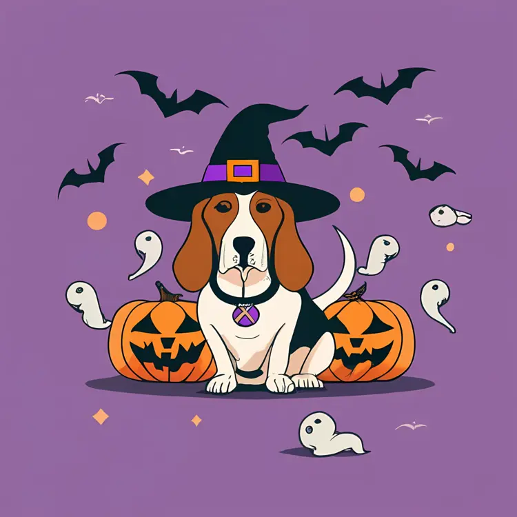 Dog in Witch Costume with Pumpkins and Ghosts