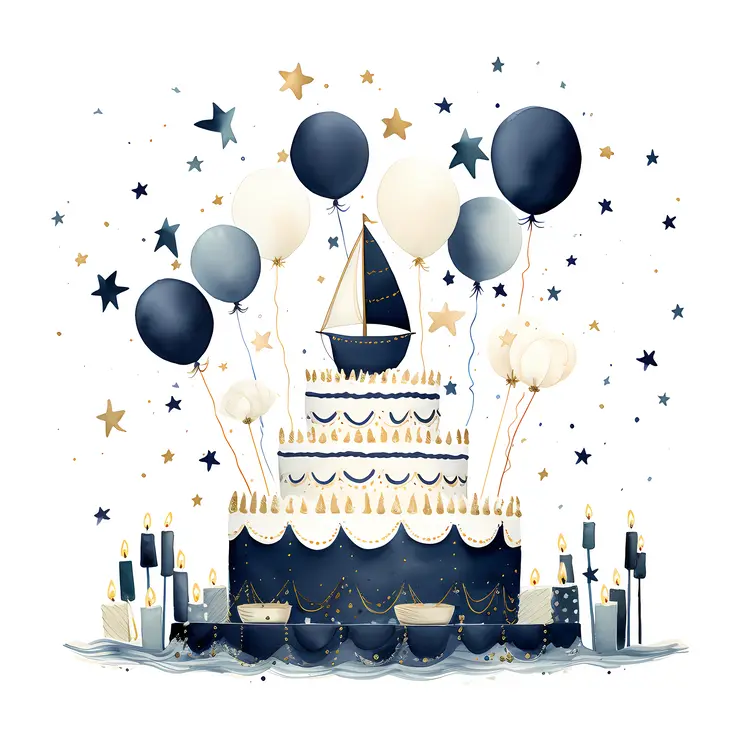 Navy Blue Cake with Balloons and Candles