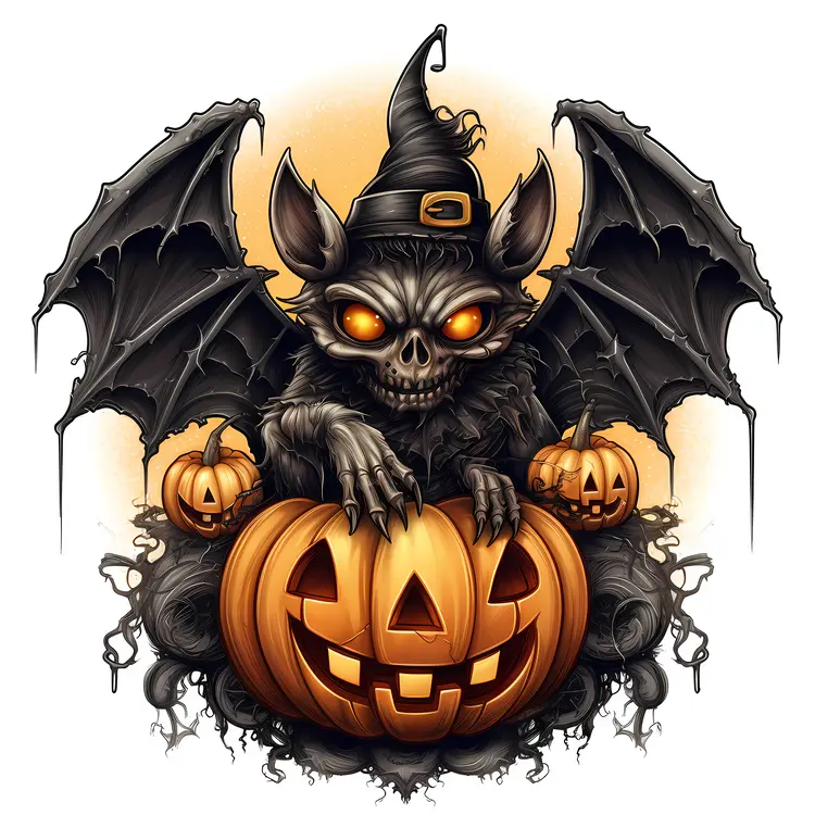 Witch Bat on Pumpkin with Halloween Theme