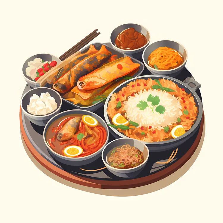Asian Food Platter with Fish and Rice