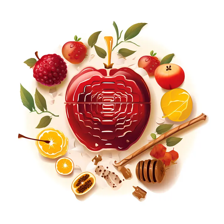 Red Apple with Fruits and Honey for Rosh Hashanah
