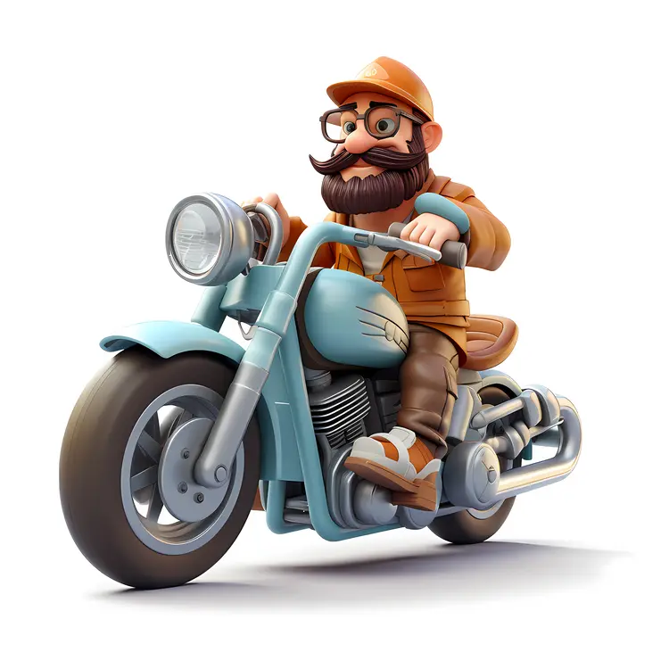 Cartoon Biker with Glasses on Blue Motorcycle