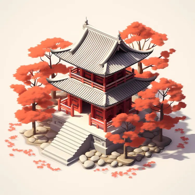 Red Pagoda with Autumn Trees