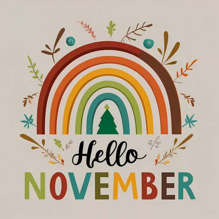 Hello November with Rainbow and Leaves