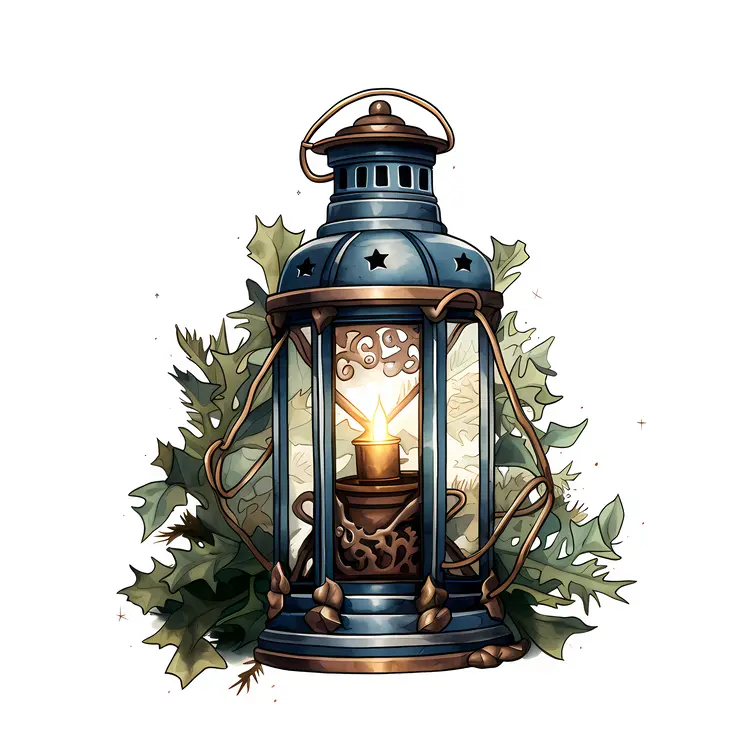 Blue Lantern with Holly and Leaves