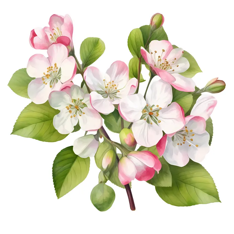 Apple Blossoms with Leaves and Pink Buds