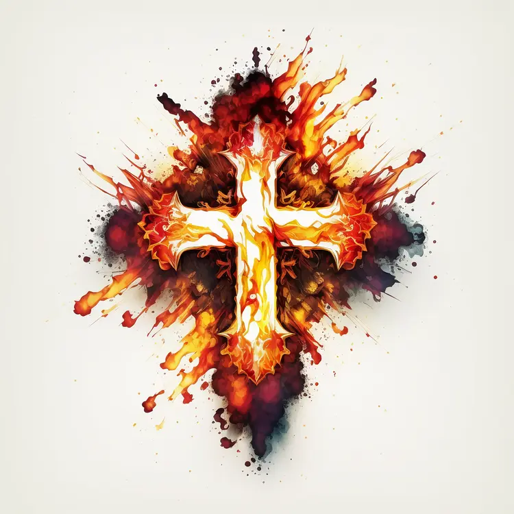 Flaming Cross Symbol with Fiery Background